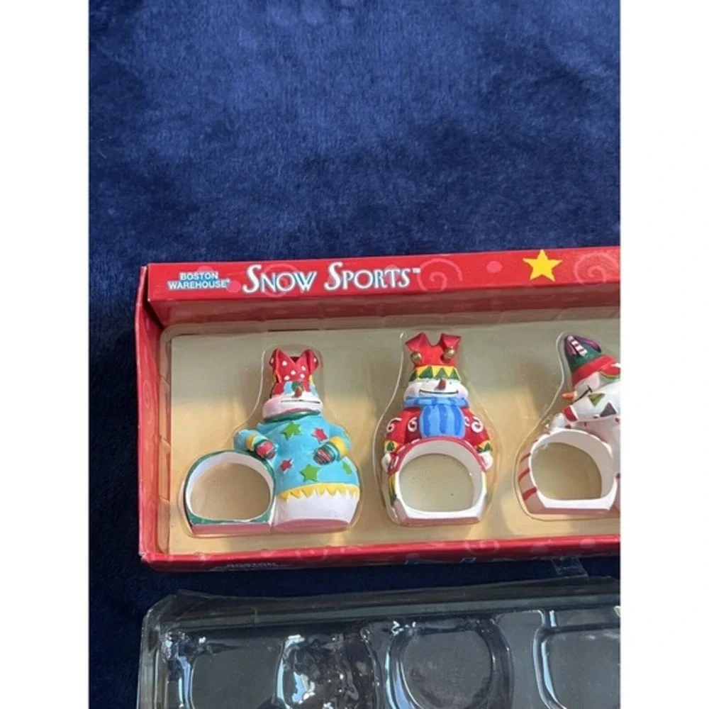 Vintage Boston Warehouse Snowman Napkin Rings Set of 4 Christmas Snow Sports Box